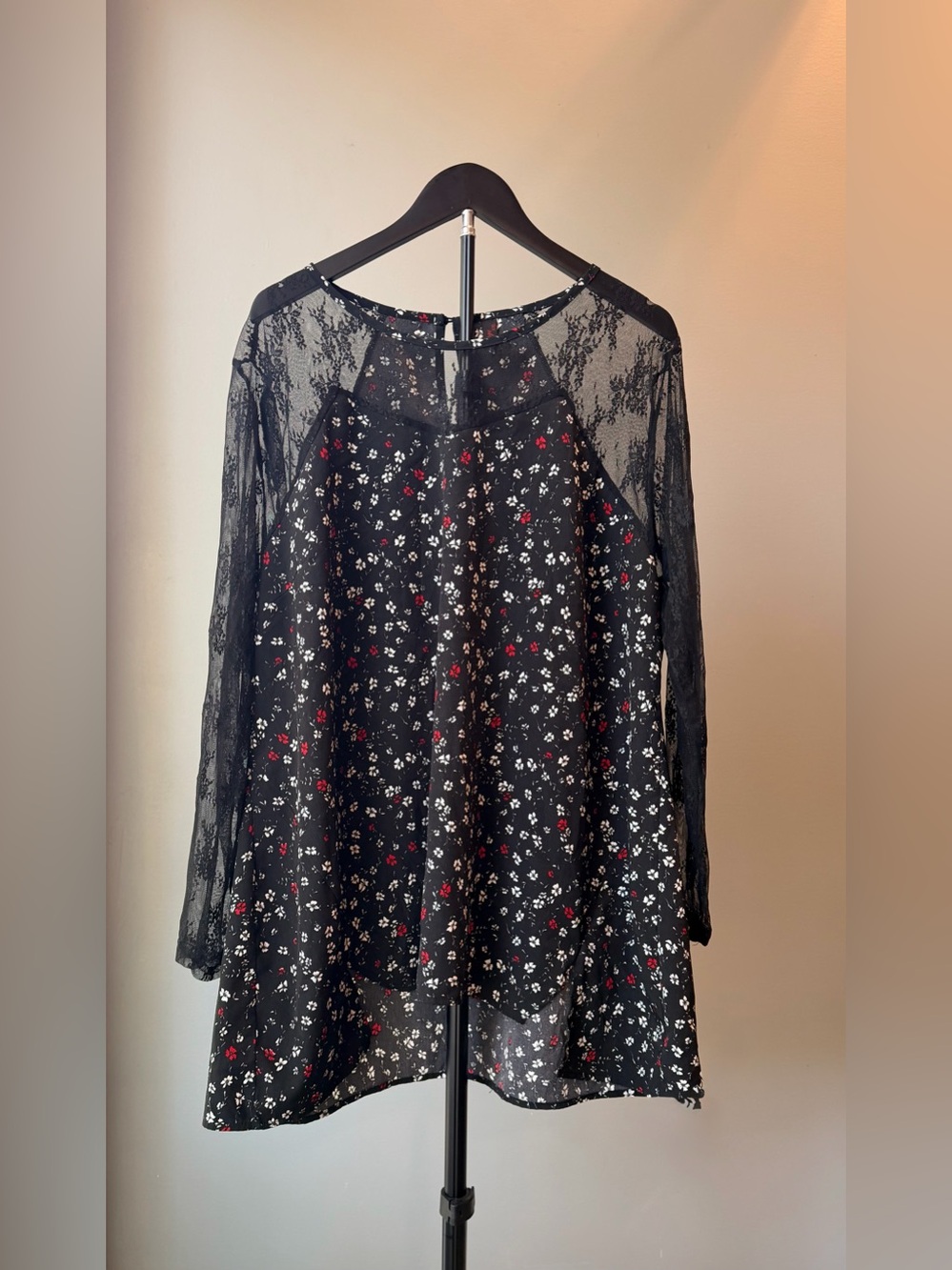 Floral Lace Tunic Blouse Black Long Sleeve XXL Sheer Whimsigoth Romantic Gothic